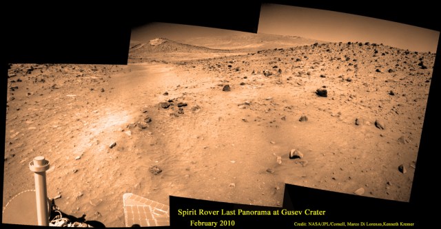 Photo 1: Spirit’s Last Picture Show - for now. Spirit’s final panoramic mosaic was taken on Sol 2175 in February 2010, a few weeks before entering hibernation mode in March 2010. Credit: NASA/JPL/Cornell, Marco Di Lorenzo, Kenneth Kremer