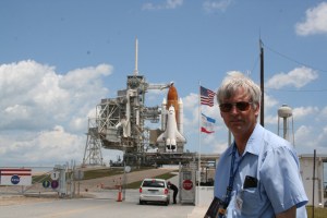 IMG_7778b_STS 134_Ken Kremer Ken Kremer and Space Shuttle Endeavour at Launch Pad 39 A at the Kennedy Space Center. Credit: Ken Kremer