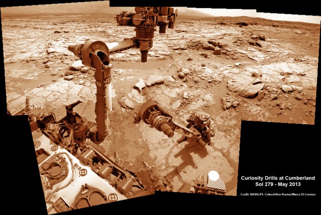 Time lapse mosaic shows Curiosity maneuvering robotic arm to drill into 2nd rock target named Cumberland on May 19, 2013 (Sol 279) for chemical sample analysis. Credit: NASA/JPL-Caltech/Ken Kremer/Marco Di Lorenzo