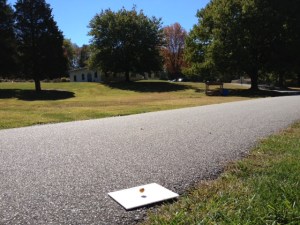On the solar system Walk, Jupiter appears to hover at the edge of the driveway. To scale, Mars is invisible to the left of the lodge.