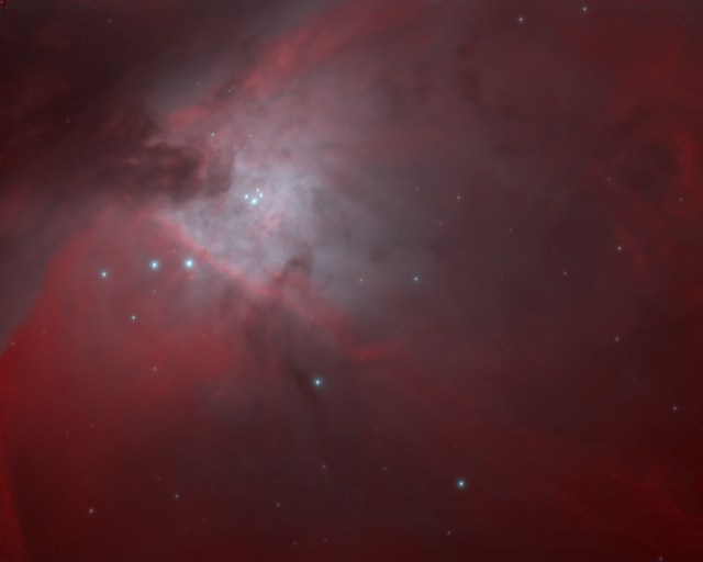 18:53 EST Jan 26, 2016. Starlight Express Trius SX-694 on 10" RCOS at f/9. Ha = 28 mins, OIII = 42 mins, (unguided 15-second subexposures). Richardson-Lucy deconv. Log stretch. 