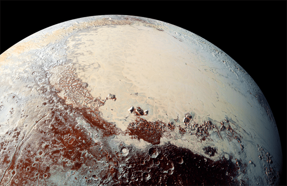A color image of Sputnik Planum, the region known as Pluto's "heart," which is rich in nitrogen, carbon monoxide and methane ices. Credit NASA/Johns Hopkins Applied Physics Laboratory/Southwest Research Institute