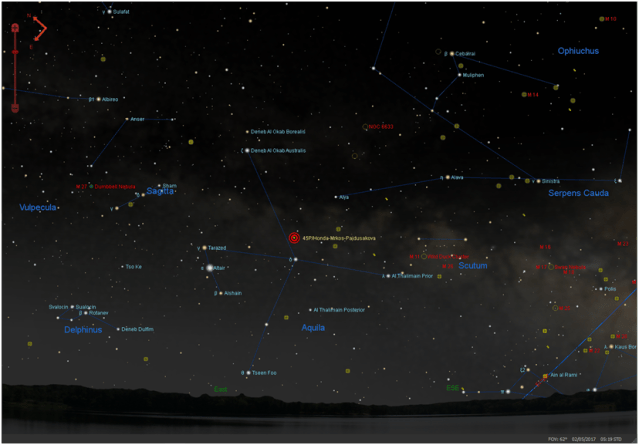 Comet 45P/Honda is due east in Aquila at 5:20 AM Feb 5 from central NJ.  Chart by RAParker using TheSkyX software.